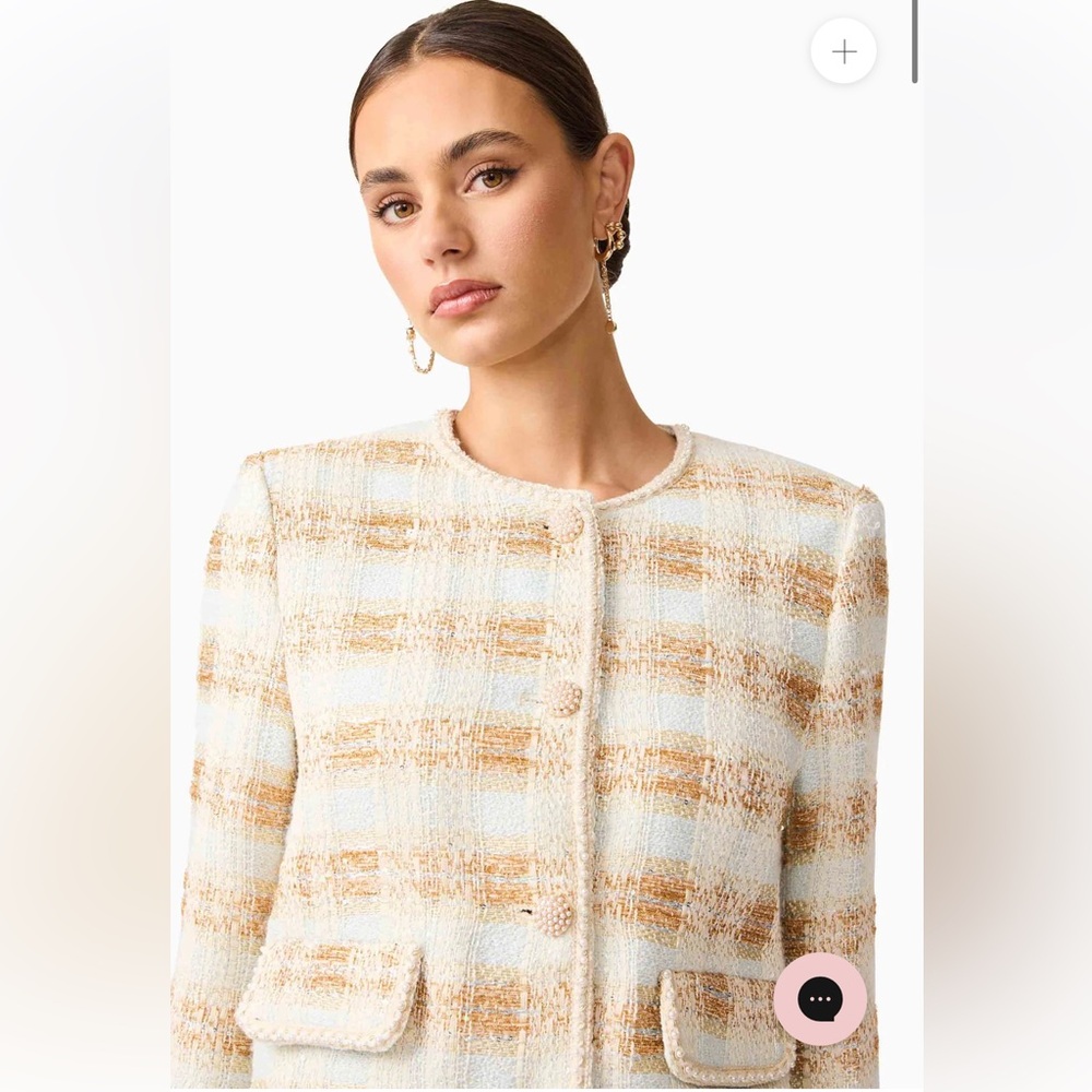 elliatt ashlyn white blue & gold long sleeve metallic tweed mini skirt set small - Picture 7 of 14